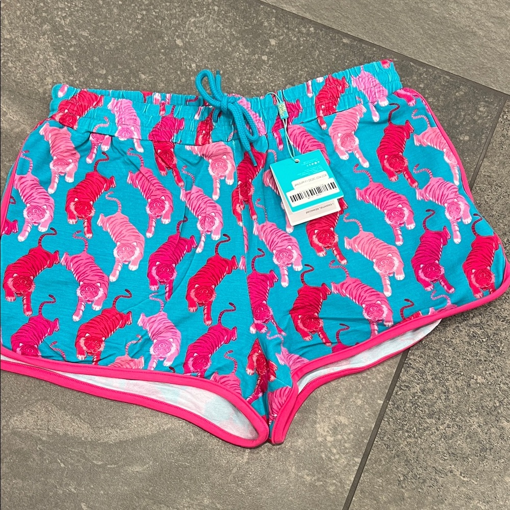 Posh Peanut Turquoise Athletic Shorts with Pink & Red Tiger Print